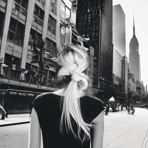 AI generated: tall blonde in a black designer dress on the streets of New York looking at the Empire State Buildin...