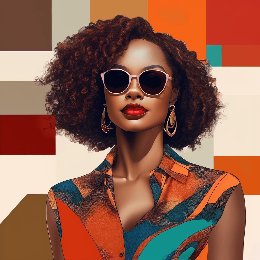 AI generated: african-american woman, multi-color blouse and background, shades, curly hair, red and orange hues, ...