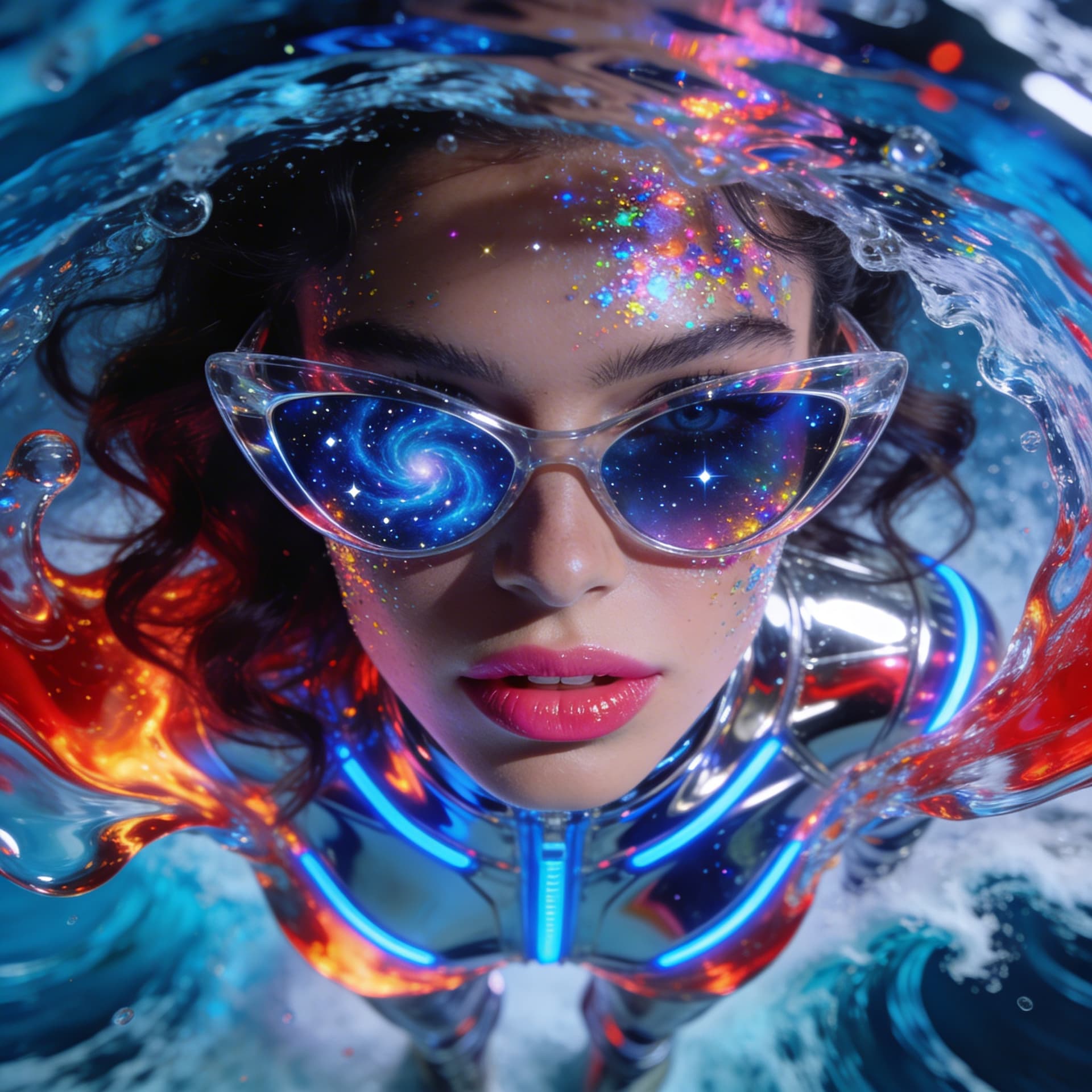 AI generated: close-up, gloss, bright colors, stylish beautiful girl, mirrored glasses, lacquered, glamorous, unde...