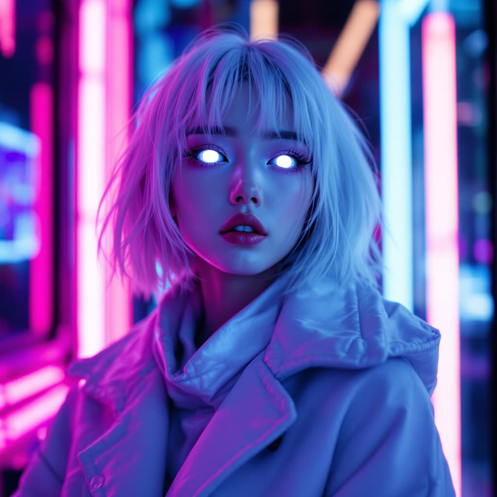 AI generated: A Japanese lady with white contact lenses and thick eyeshadow, wearing an oversized coat on a black ...