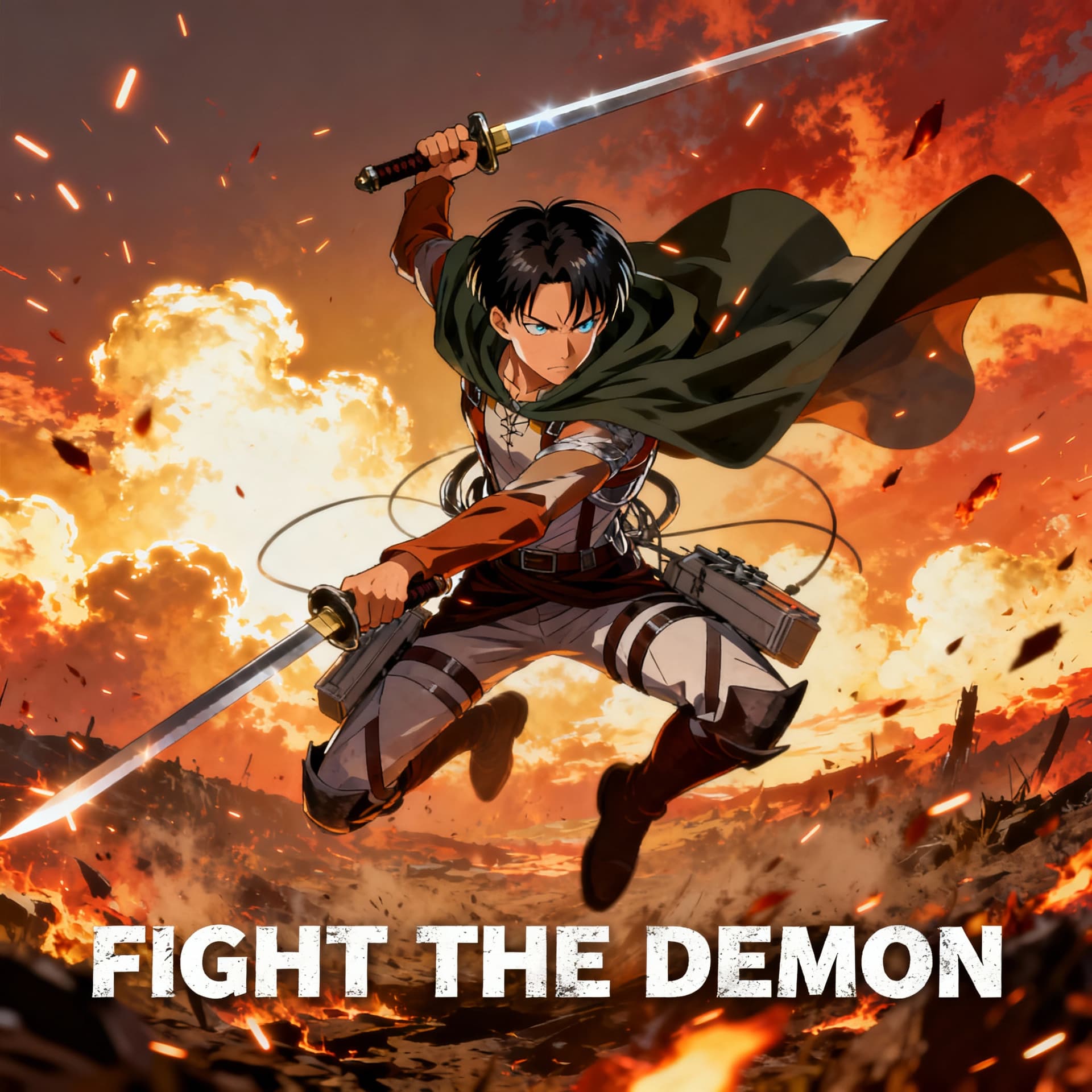 AI generated: Levi Ackerman from Attack on Titan, mid-spin in battle with dual swords, cape flowing, sparks and em...