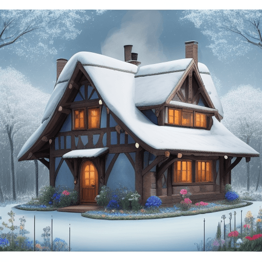 AI generated: Create a drawing of a one-story house from a children's story, like snow white, white with blue wind...