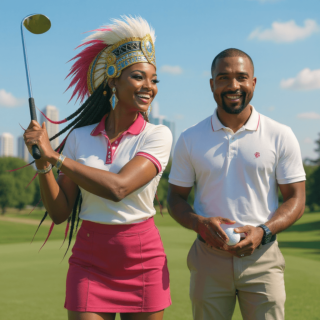 AI generated: Realistic style of said picture wearing a white and red polo shirt and skirt, playing golf with Kany...