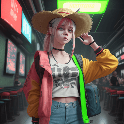 AI generated: A cute young lady with white ponytailed hair, Horns that point up and are red faded to yellow, weari...