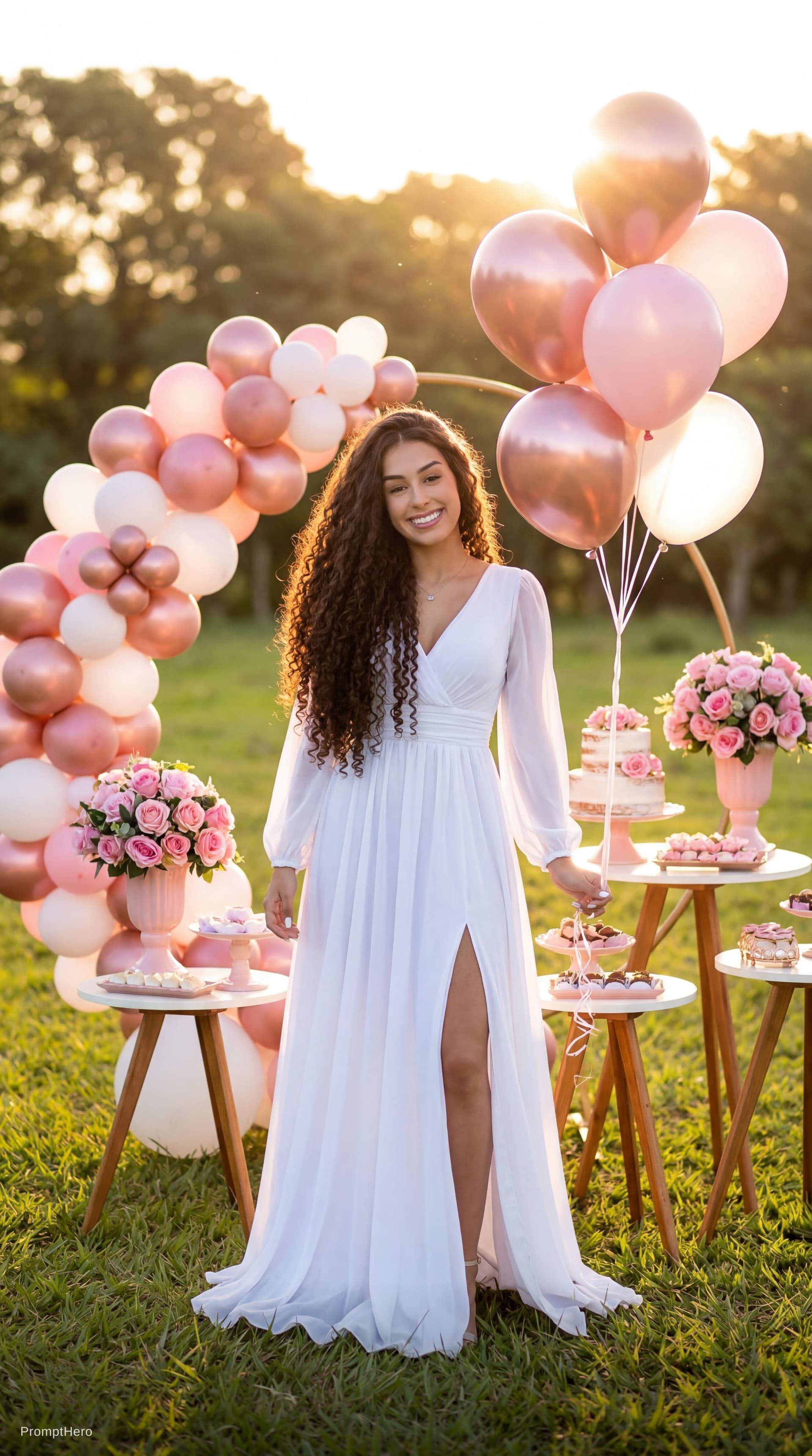 AI generated: Ultra realistic outdoor birthday photoshoot at golden hour, luxury celebration setup in an open fiel...