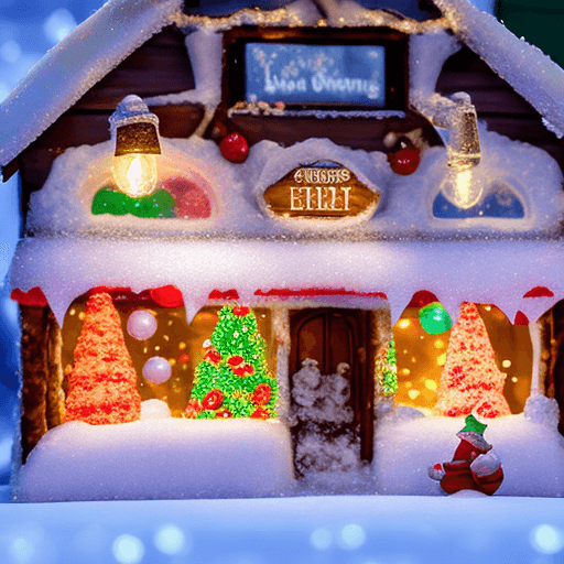 AI generated: A miniature candy shop owned by cute and friendly gnomes is covered in snow and icicles. The shop is...