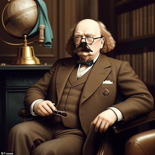 AI generated: A brown labradoodle, sat in a three piece suit, like winston Churchill used to do. He is sat in a li...