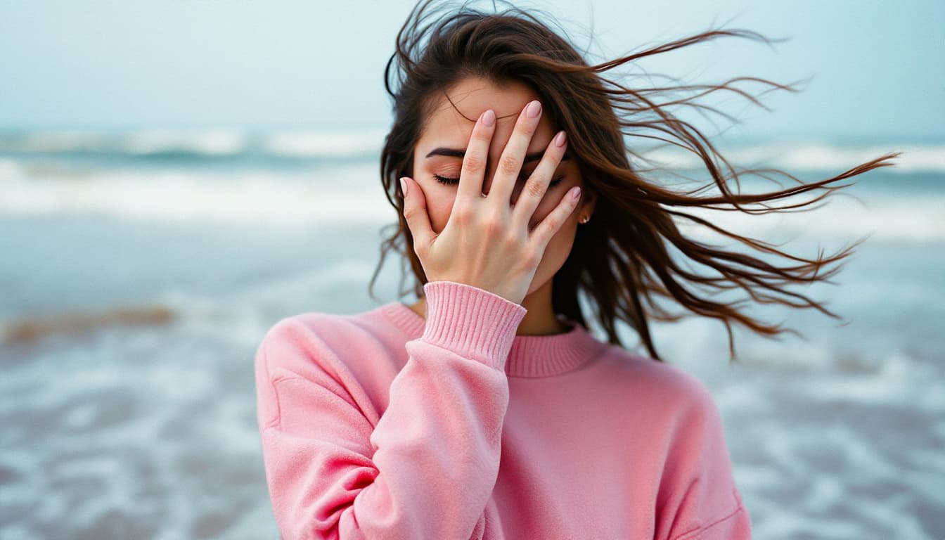 AI generated: 
A woman in a pink sweater covers her eyes with one hand, stands on the beach as waves crash agains...