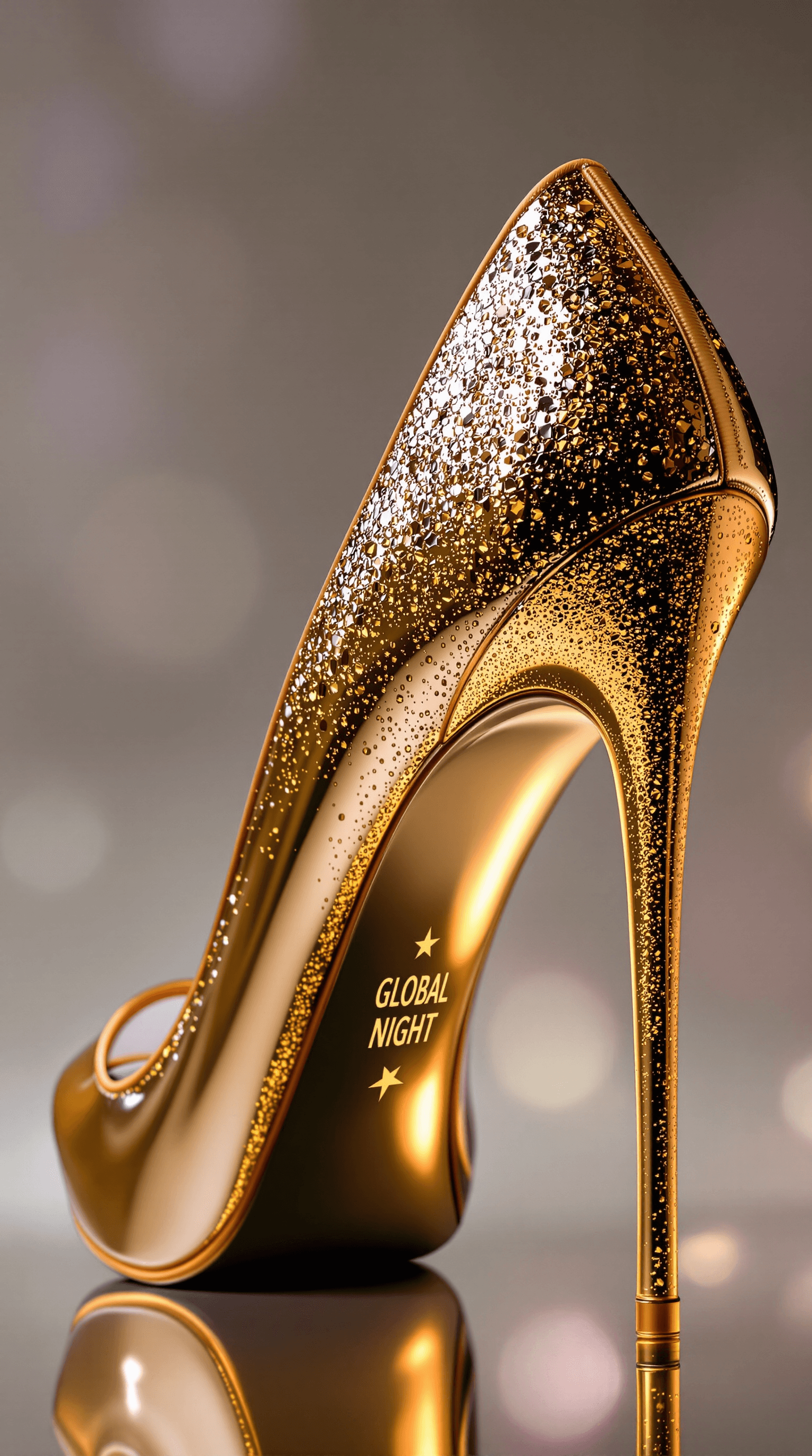 AI generated: sexy extrem high high heel in color gold, on the high heel is the logo "GLOBAL NIGHT"