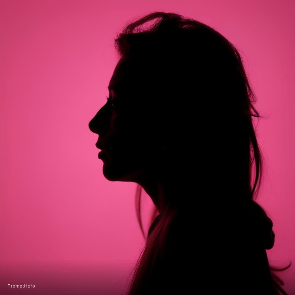 AI generated: photography, portrait of contrast, profile silhouette of a woman, vibrant hot pink backdrop, visuali...