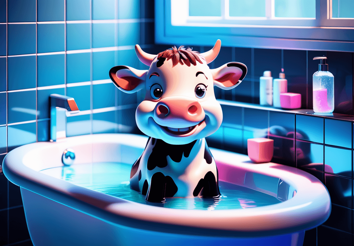 AI generated: a tiny cute ((smiling)) cow in a bathtube in a bathroom, cold blue lighting, pastel colors, skottie ...