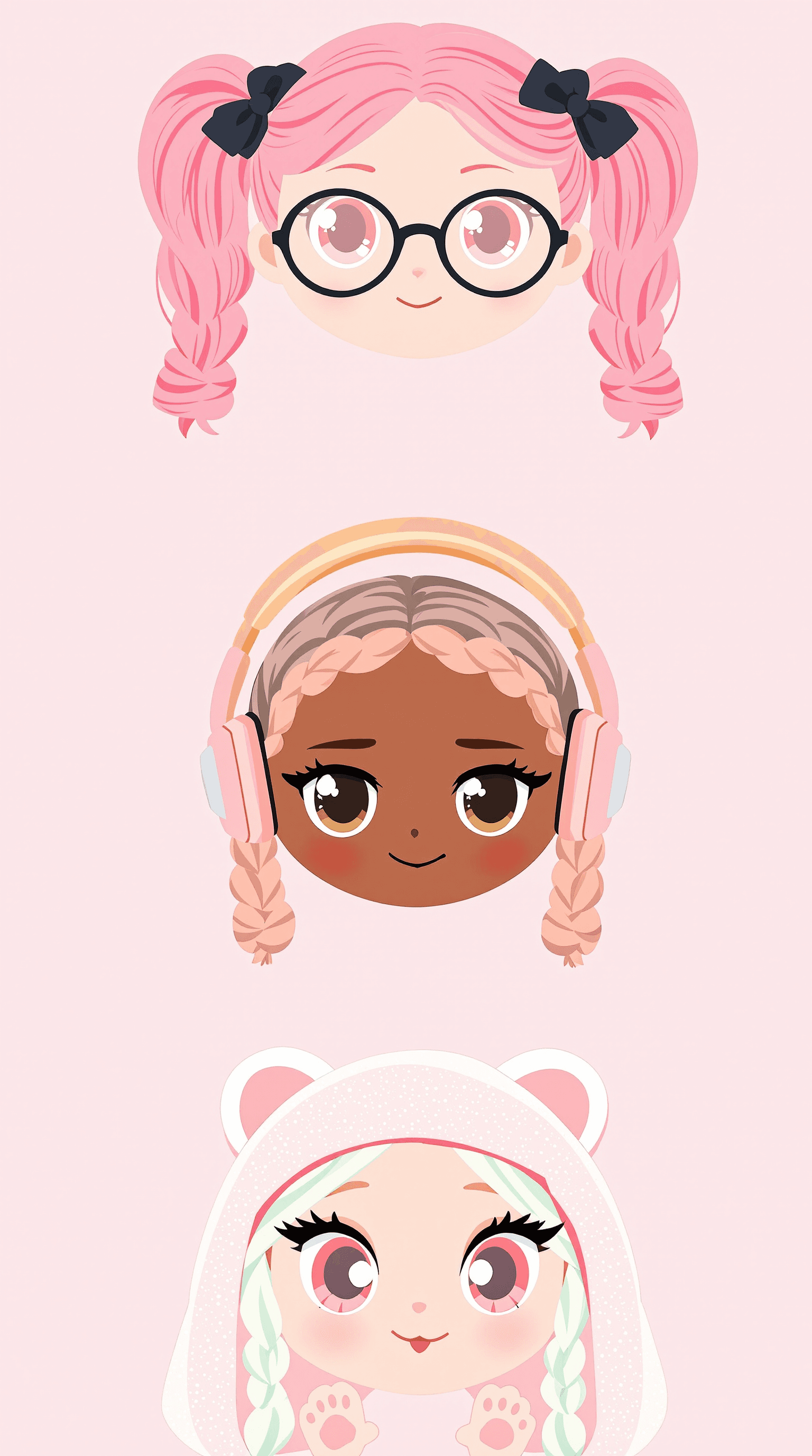 AI generated: 
Four stylized cartoon female characters, vertically arranged against a pale pink background,  displ...
