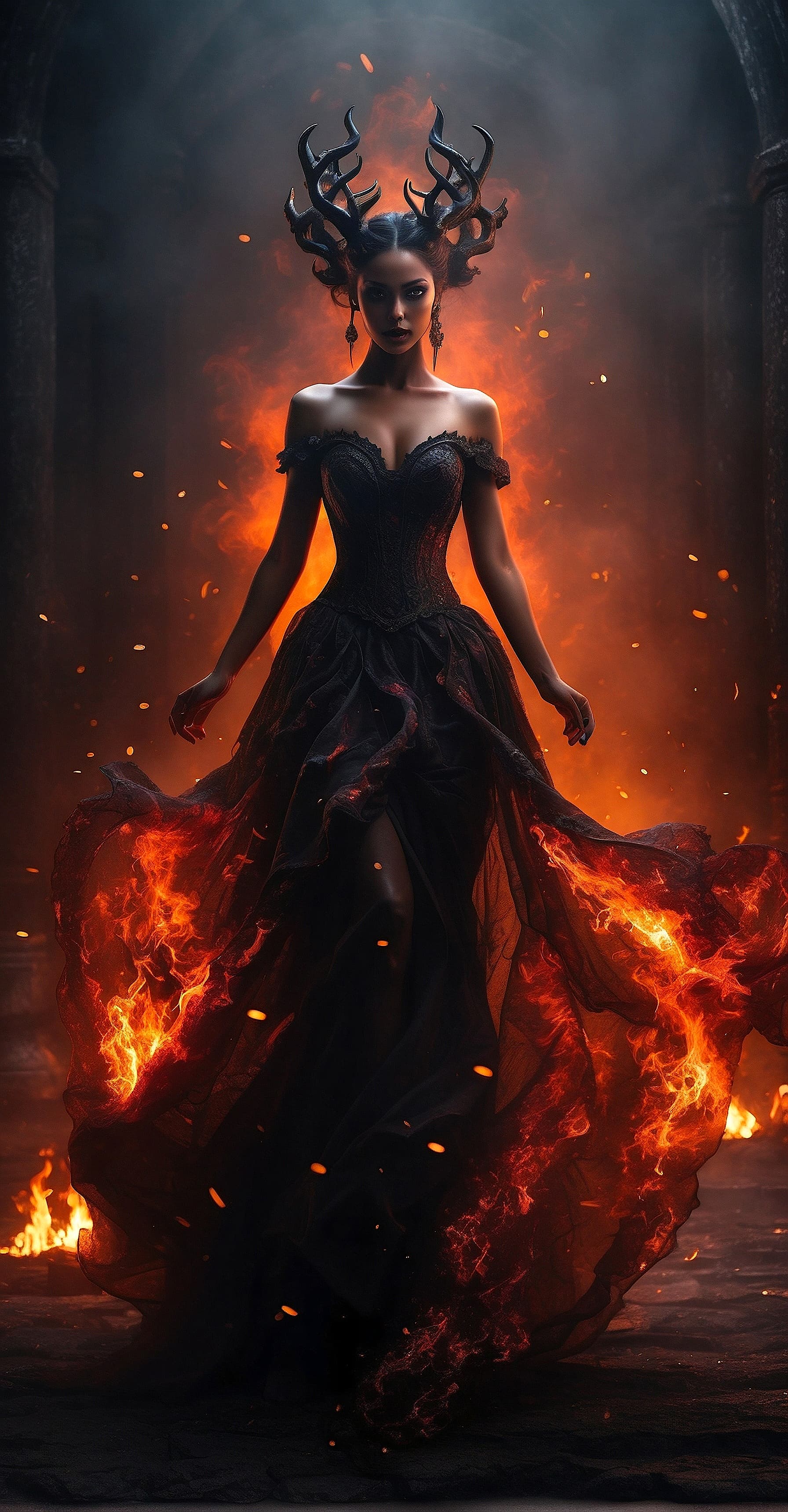 AI generated: Imagine a demon woman, the very essence of evil. Her attire is something out of a horror movie, made...