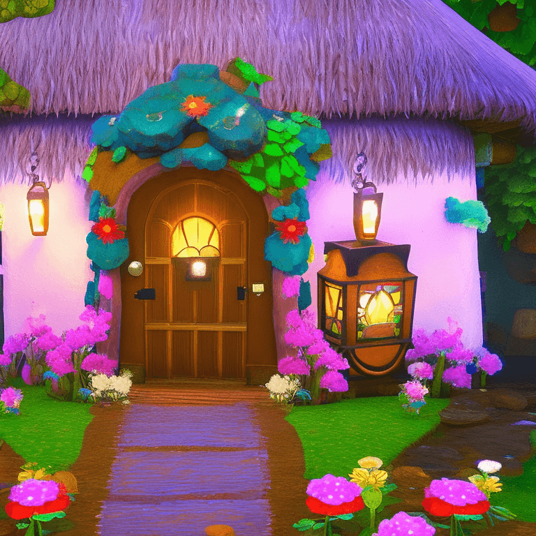 AI generated: digital art in the style of (animal crossing:1.25), whimsical fairytale house, thatched roof, round ...