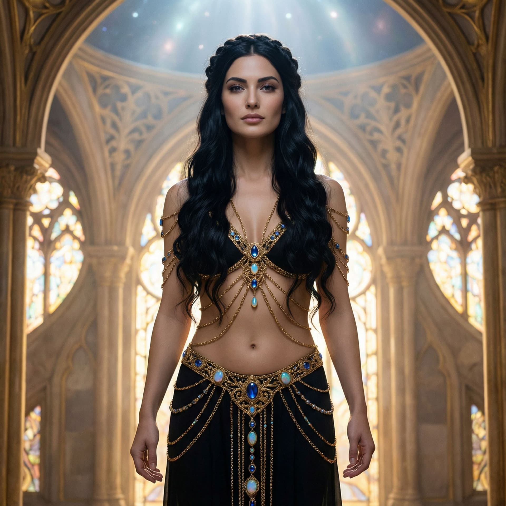 AI generated: A seductive fantasy queen commands a dreamlike palace, her raven-black hair worn in a high, loose cr...