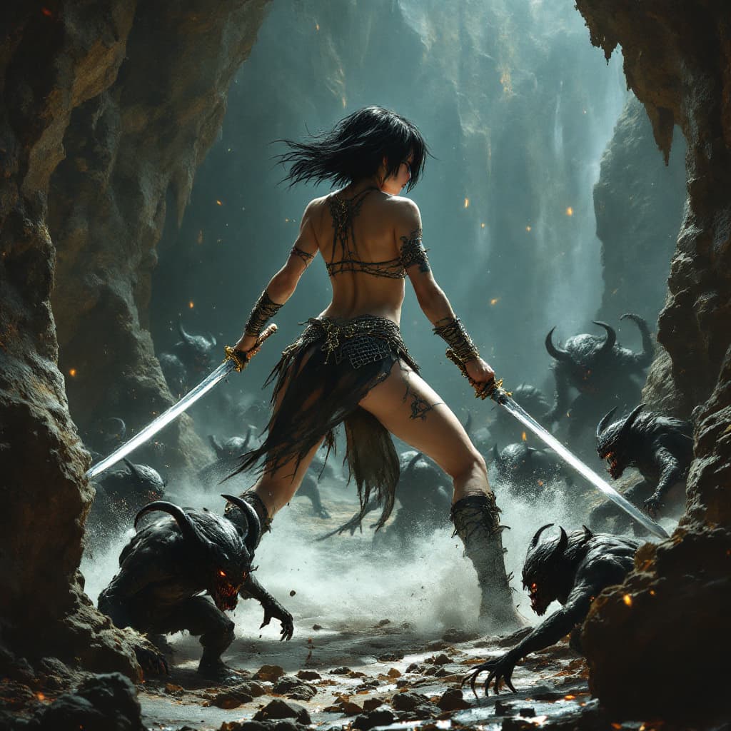 AI generated: A full body view of a (((barefoot))) Female Warrior, killing several little demons in grotto. extrem...