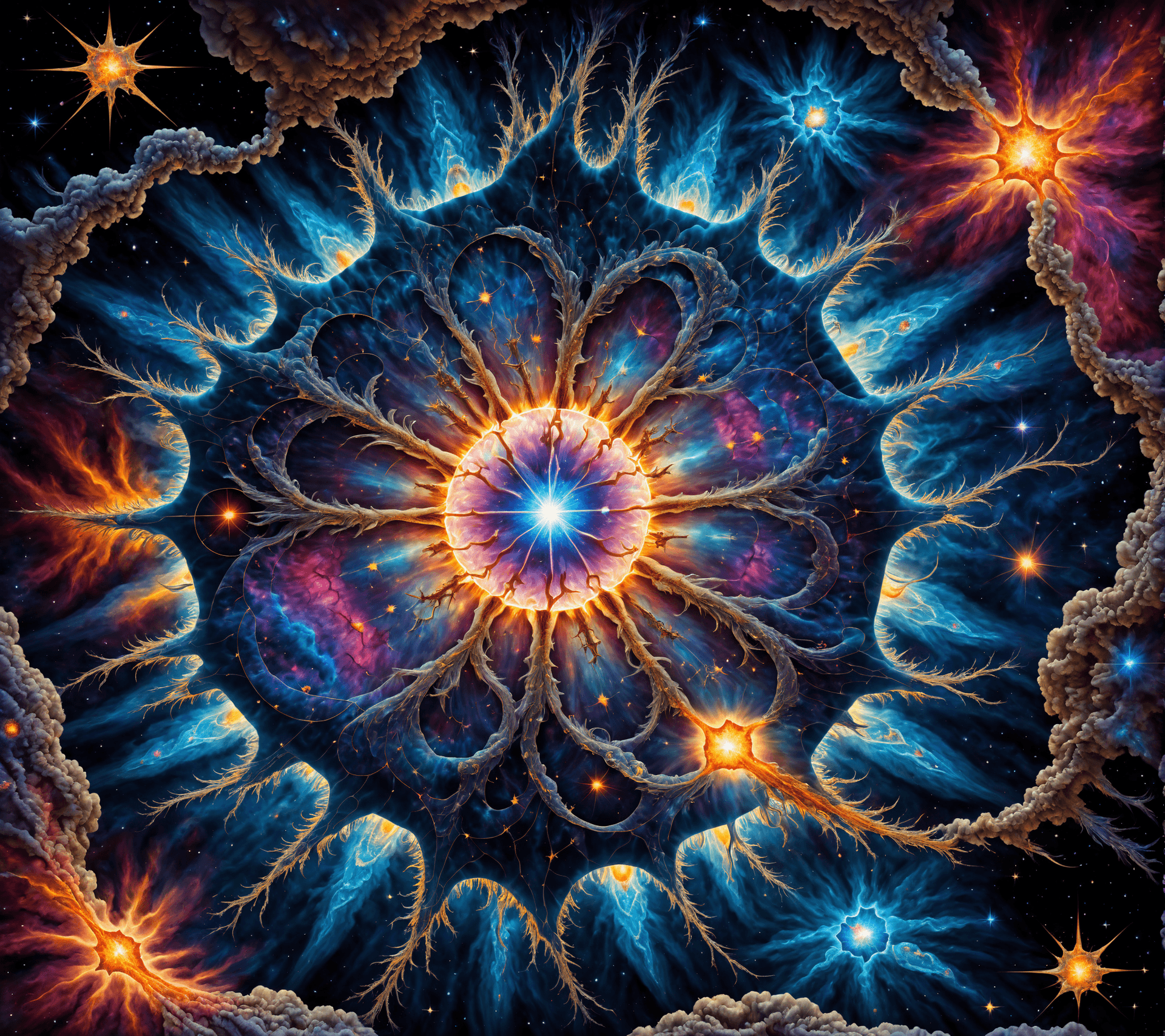 AI generated: a star inside a vivid space nebula, highly detailed batik illustration of a microscopic surface, sty...