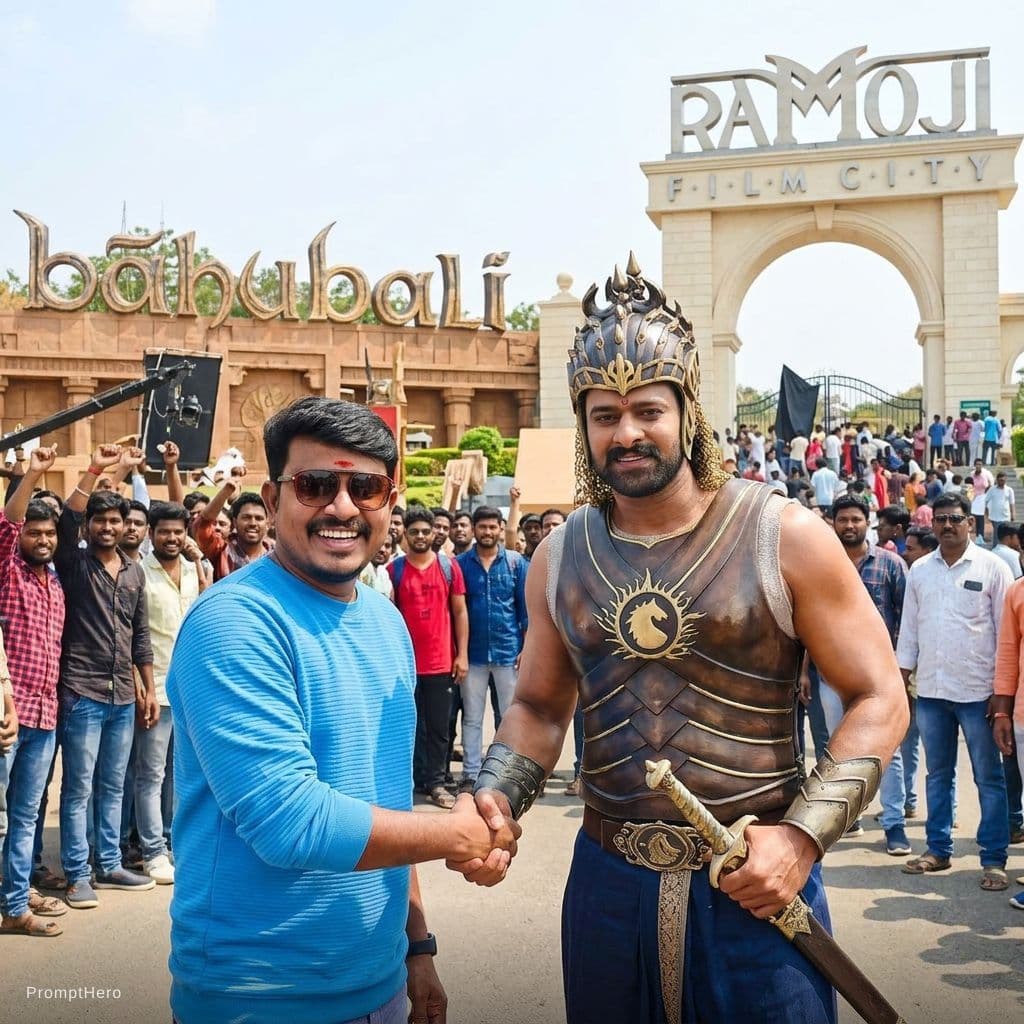 AI generated: Create an image using prompt hero with my favorite hero prabhas at ramoji film City of Hyderabad 