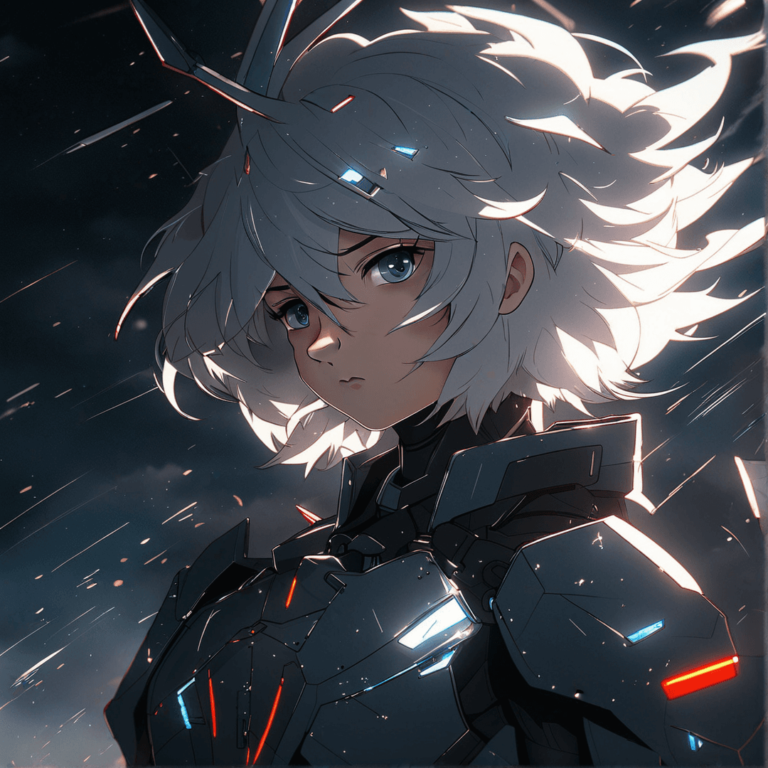 AI generated: girl wearing gundam armor, her short white hair is blowing in the wind, its a dark rainy night, shes...