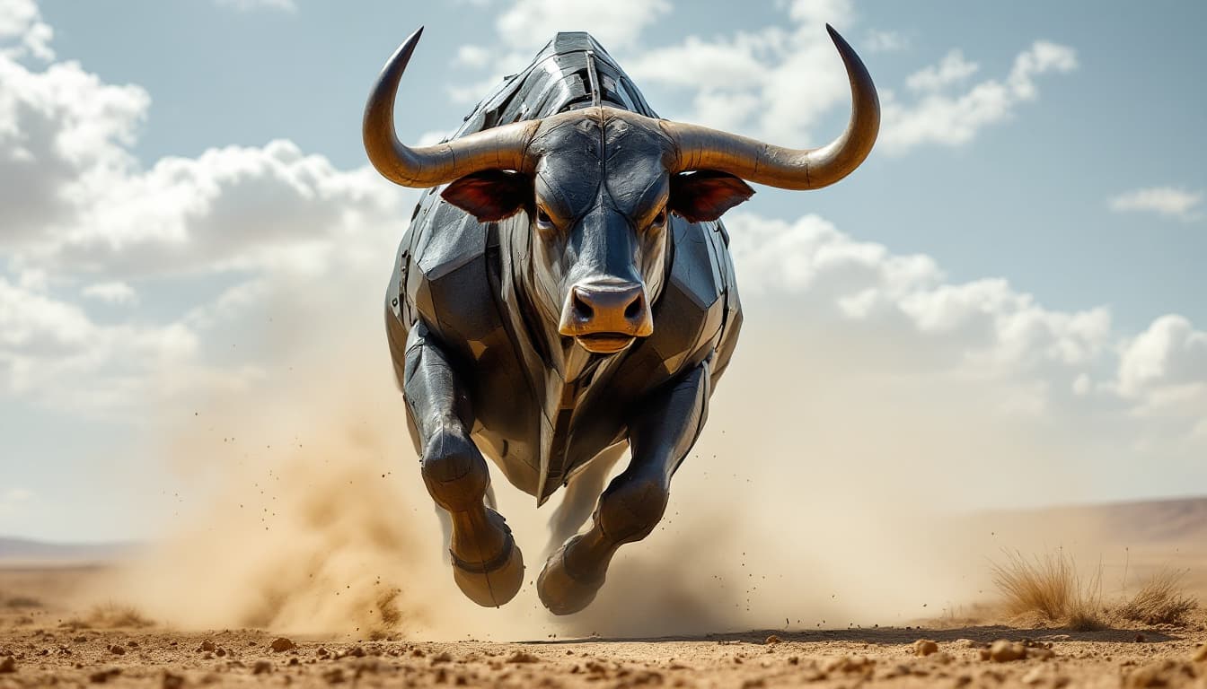 AI generated: A steel bull runs through the desert raising clouds of dust.