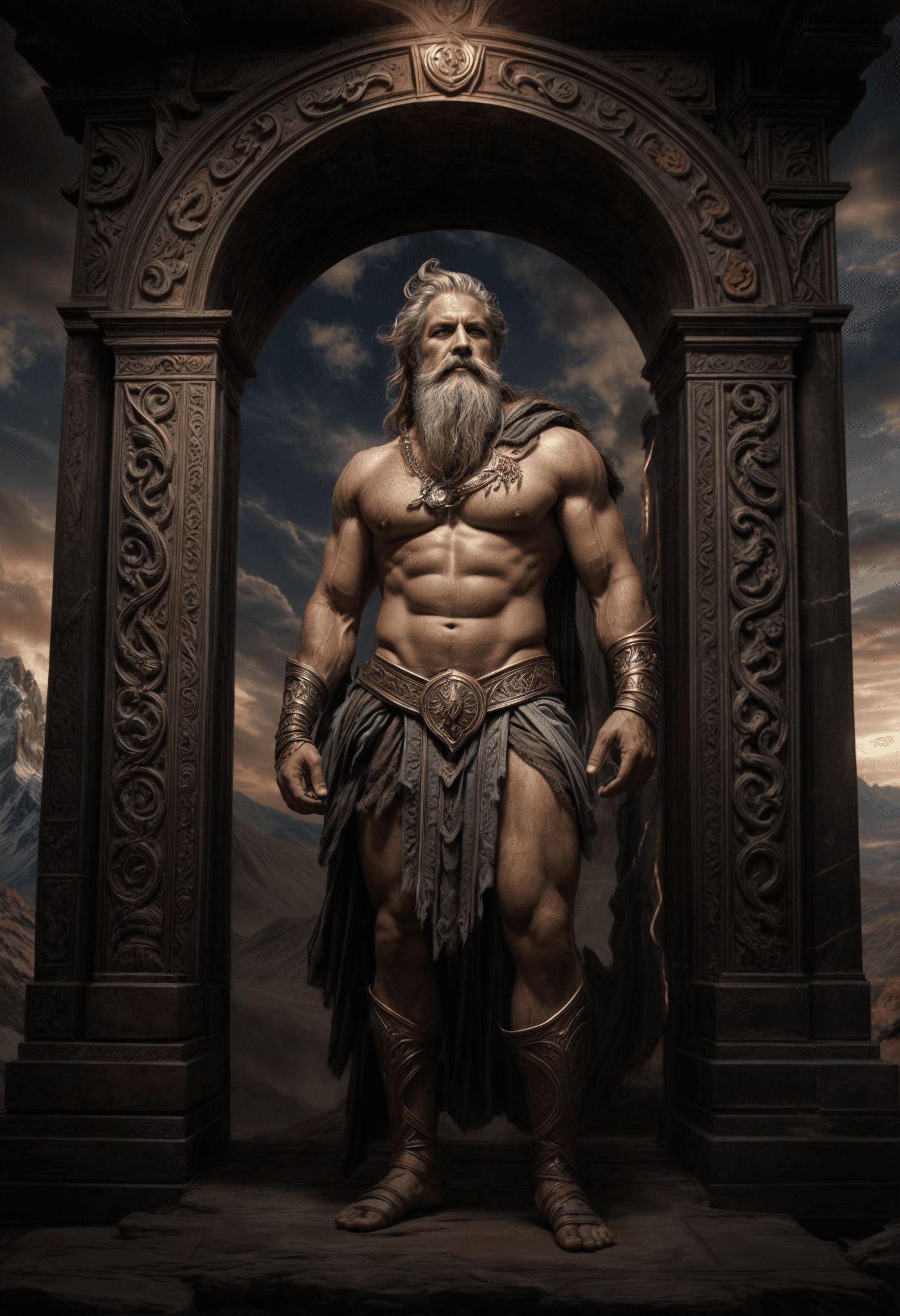 AI generated: portrait of Zeus  ,at the Portal to his realm,epic,mystique,full body,at the olymp,clouds,mountains,...