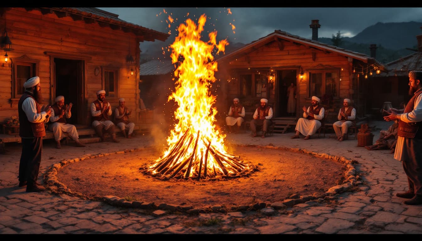 AI generated: Prompt: Wide shot of a bonfire roaring near Gilani wooden houses, villagers in lachak and embroidere...