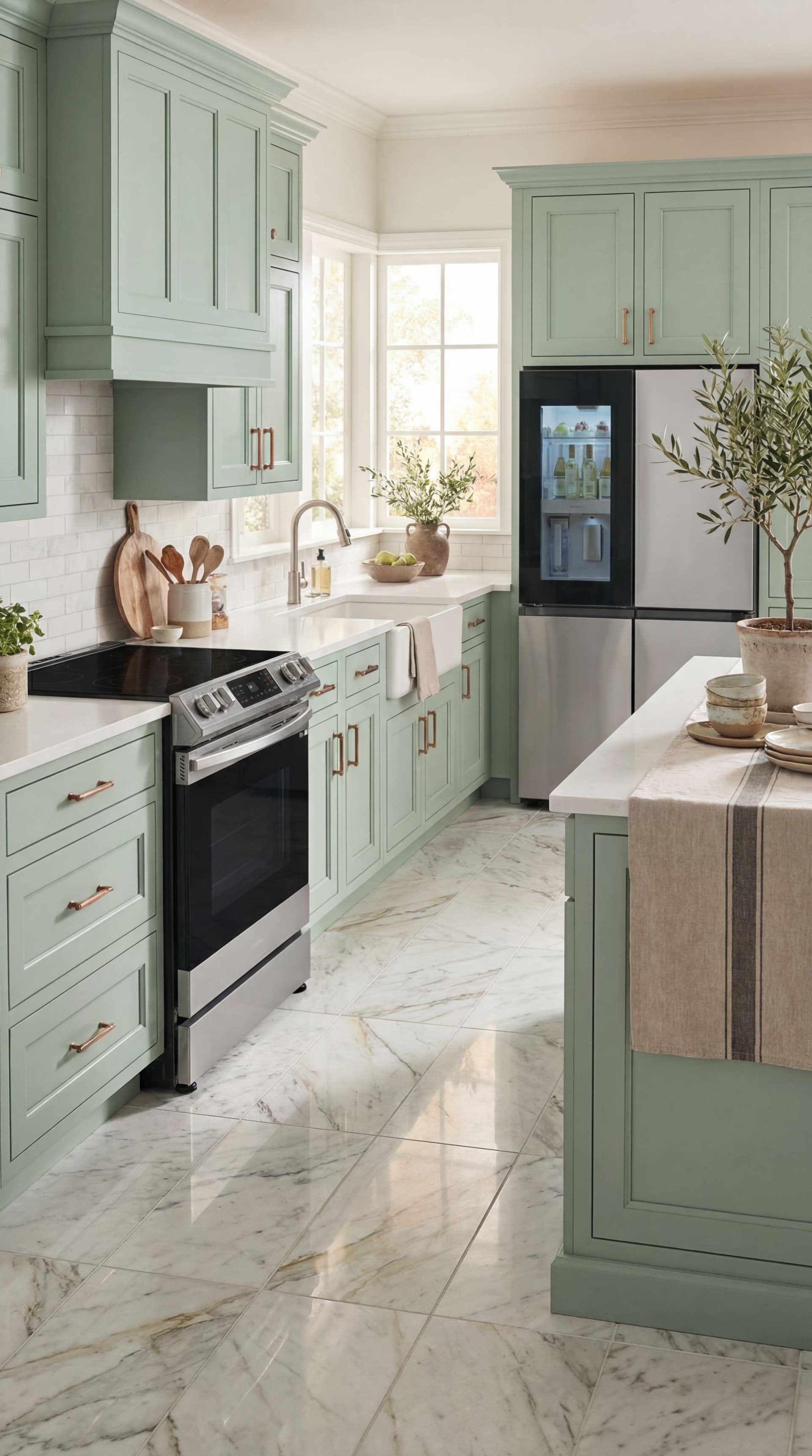 AI generated: Make photo realistic lifestyle photo. Luxury cabinetry pastel green. Luxury floor tiles.