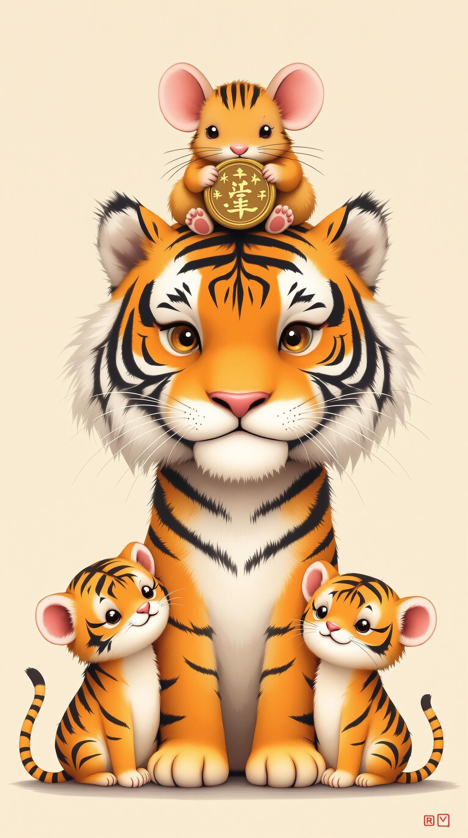 AI generated: kawaii art,a tiger and two tiger cubs, and a oversized mouse ,with a mouse on the tiger's head, the ...
