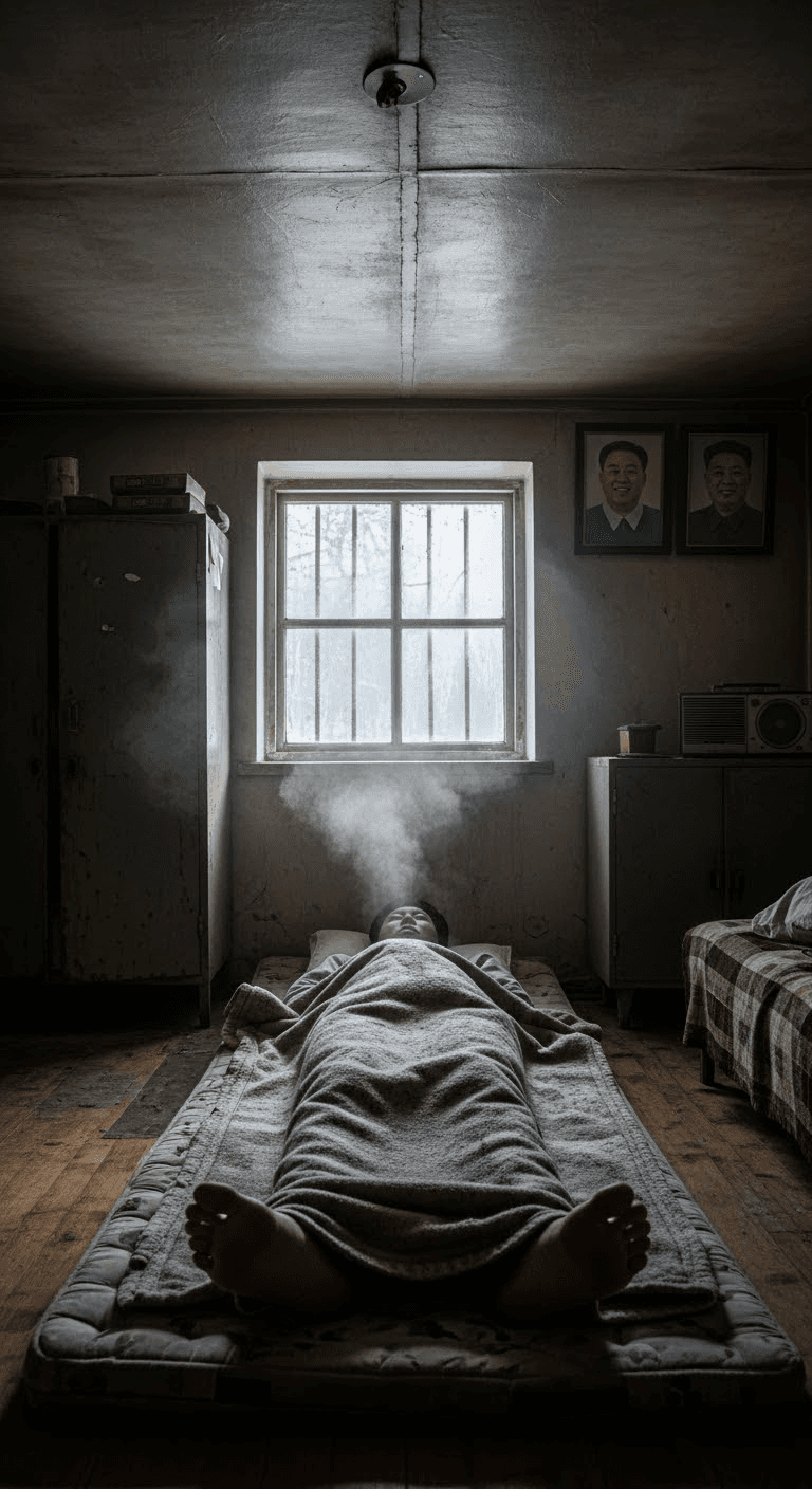 AI generated: First-person POV: you open your eyes while lying on a thin, hard mattress placed directly on the cra...