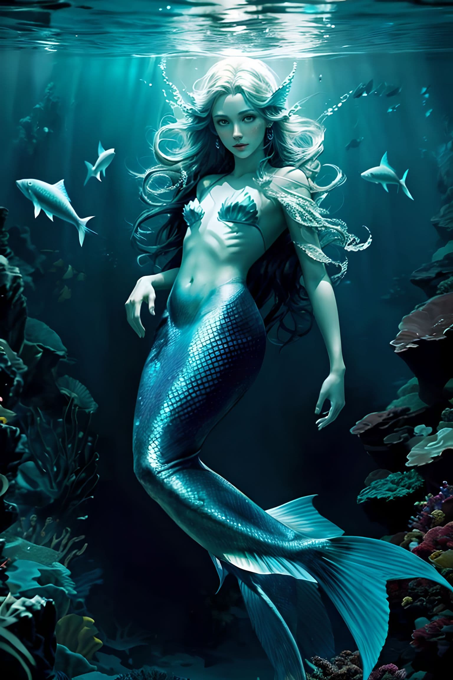 AI generated: ((Fantastic scenes from the depths of the ocean,mermaid,fishes of the deep)),bright magic,  dreamy, ...