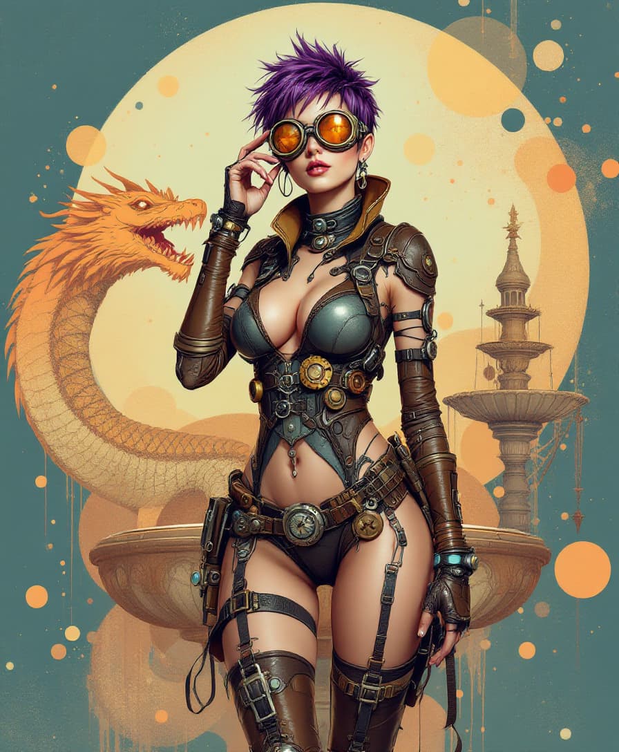 AI generated: Image is a digital illustration featuring a futuristic, steampunk-inspired character. The layout is ...