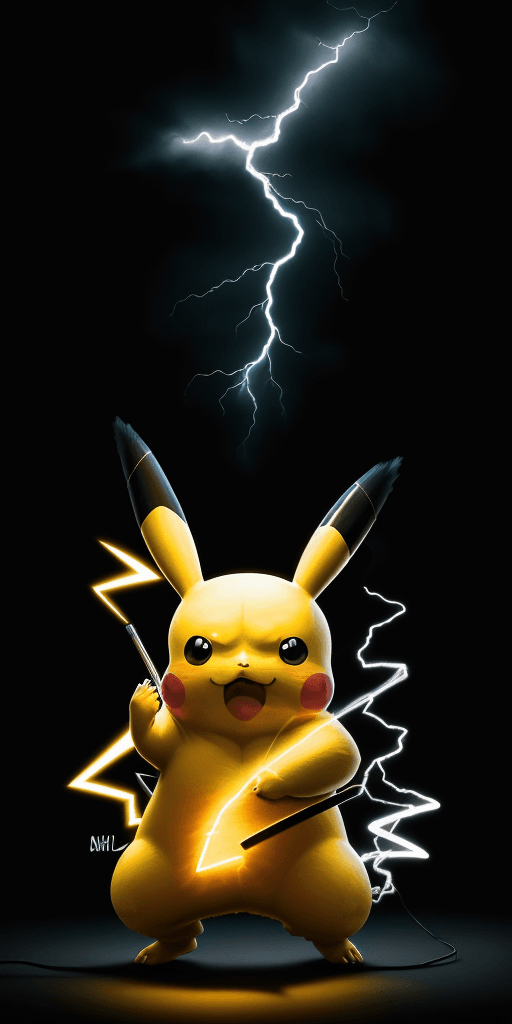 AI generated: "an image of Pikachu using an instrument to create Pokémon by using lightning and lightning on black...