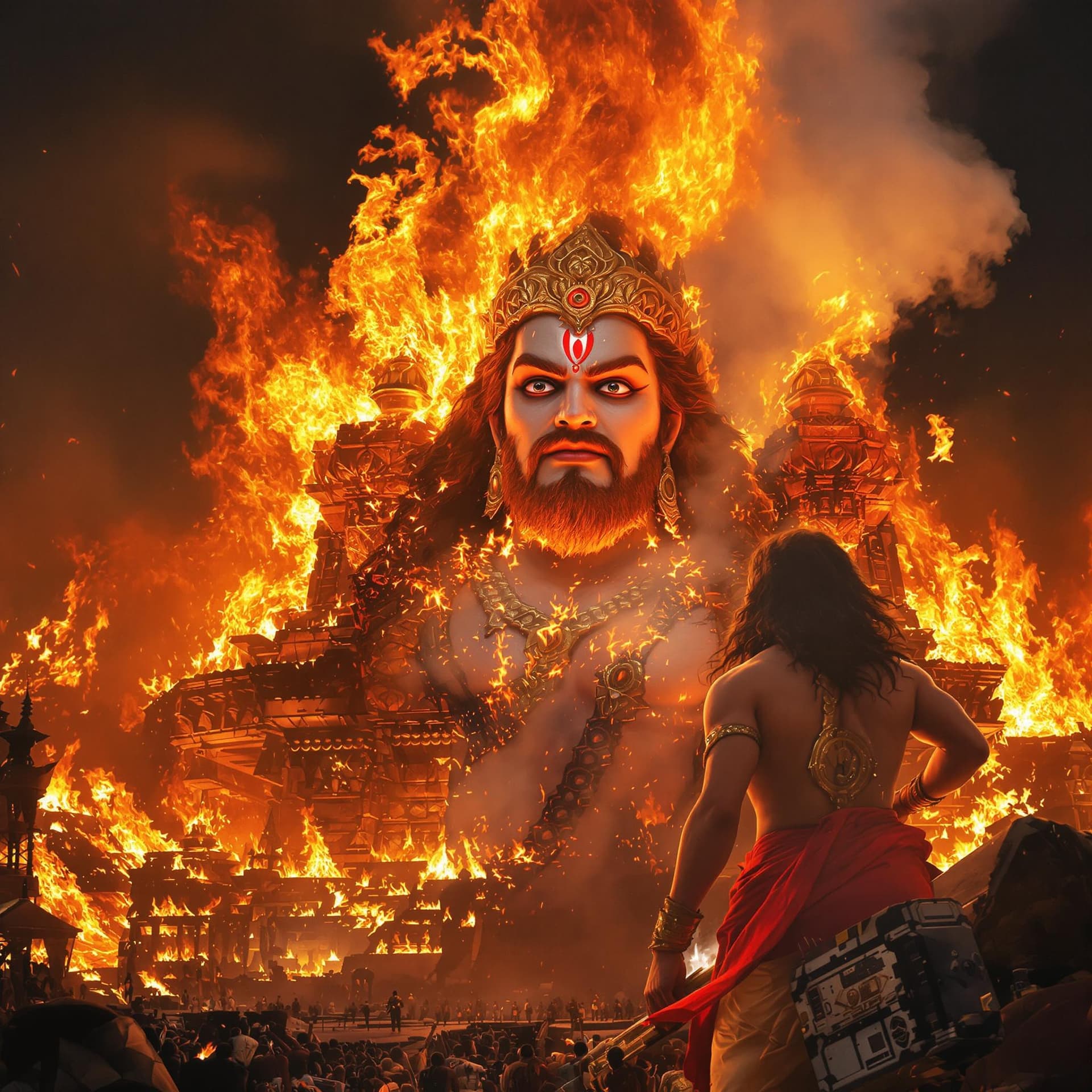 AI generated: Hanuman Looking at the burning Lanka, back angle, hanuman mace in his hand, Face of Ravan Made of sm...