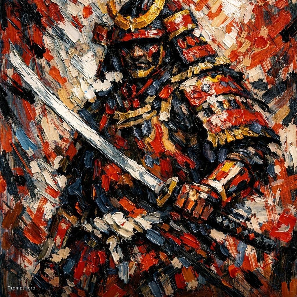 AI generated: samurai, palette knife technique, heavy impasto --chaos 75 --ar 1:2 --sref 3698909049 --profile x3fq...