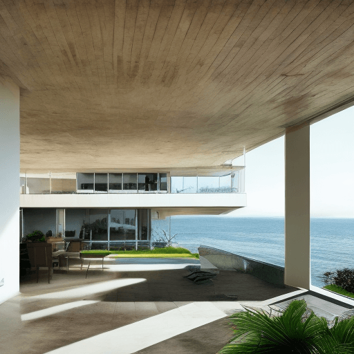 AI generated: Hyper realistic eye level exterior photo of a mid century modern style house overlooking the ocean, ...