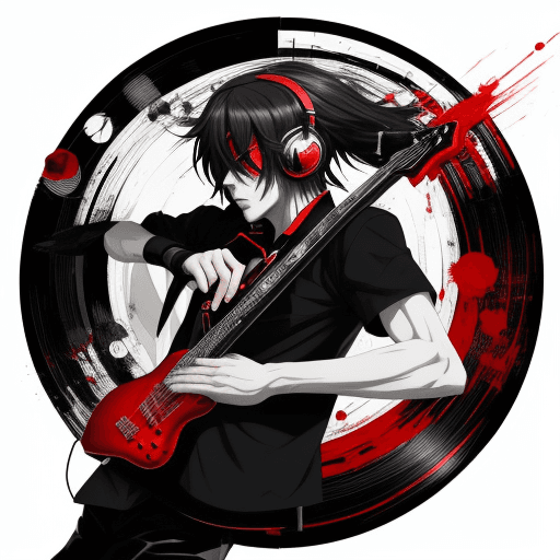 AI generated: a man who loves music and anime at the same time. black, white, and red theme.