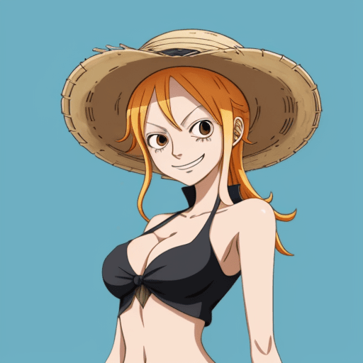 AI generated: a sticker of Nami from one piece, straw hat, smirk smile, anime style, minimalist design --ar 2:3 --...
