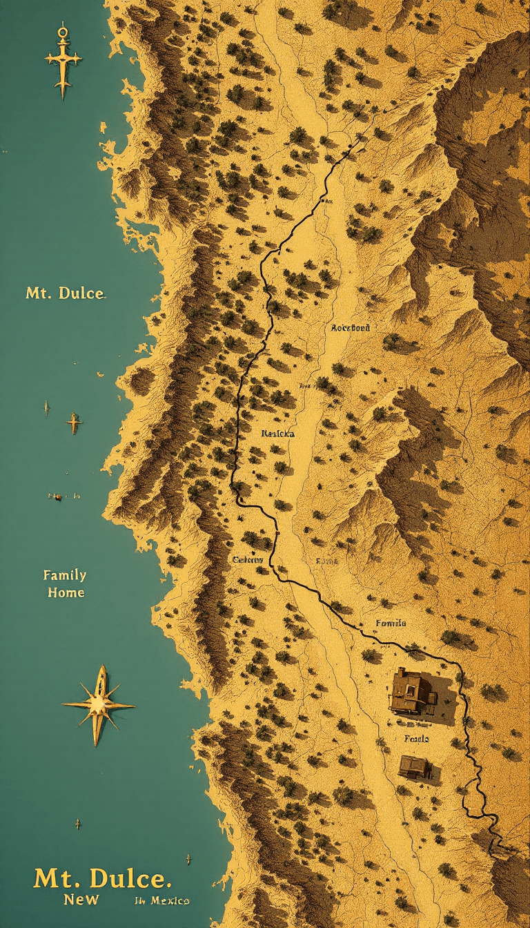 AI generated: Create an image in a Penny Dreadful style comic depicting an aerial map of Mt. Dulce, New Mexico out...