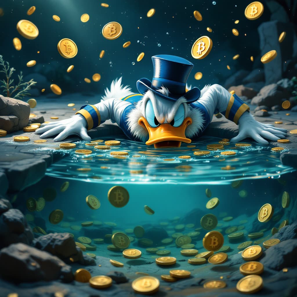 AI generated: make me a scrooge mcduck diving into a pool of crypto coins