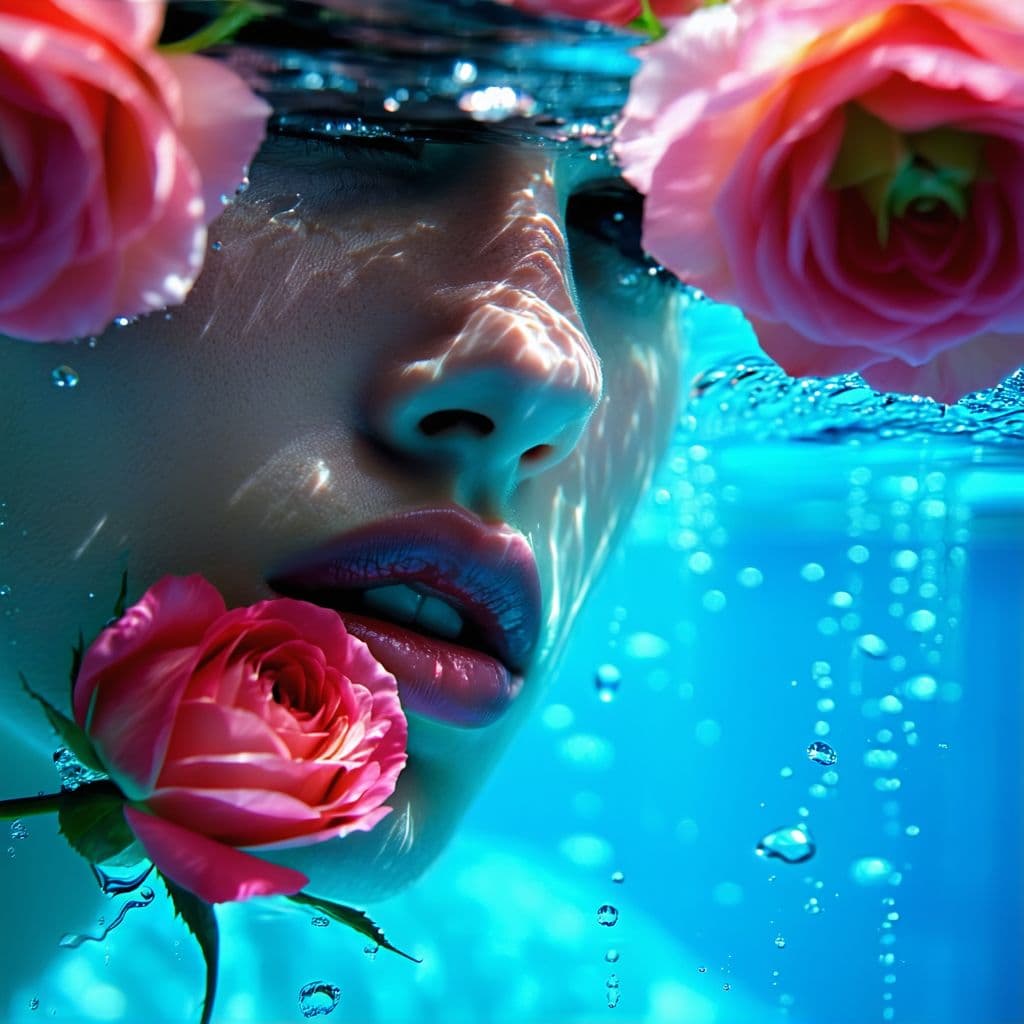 AI generated: cinematic underwater-photo shot a girl, water-roses above water, close up of a lips, editorial quali...