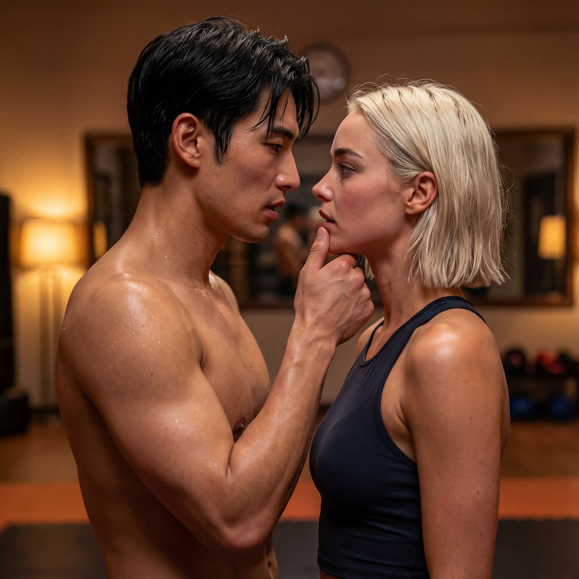 AI generated: Lilith and Ren standing close together after an intense martial arts training session. Both are slig...