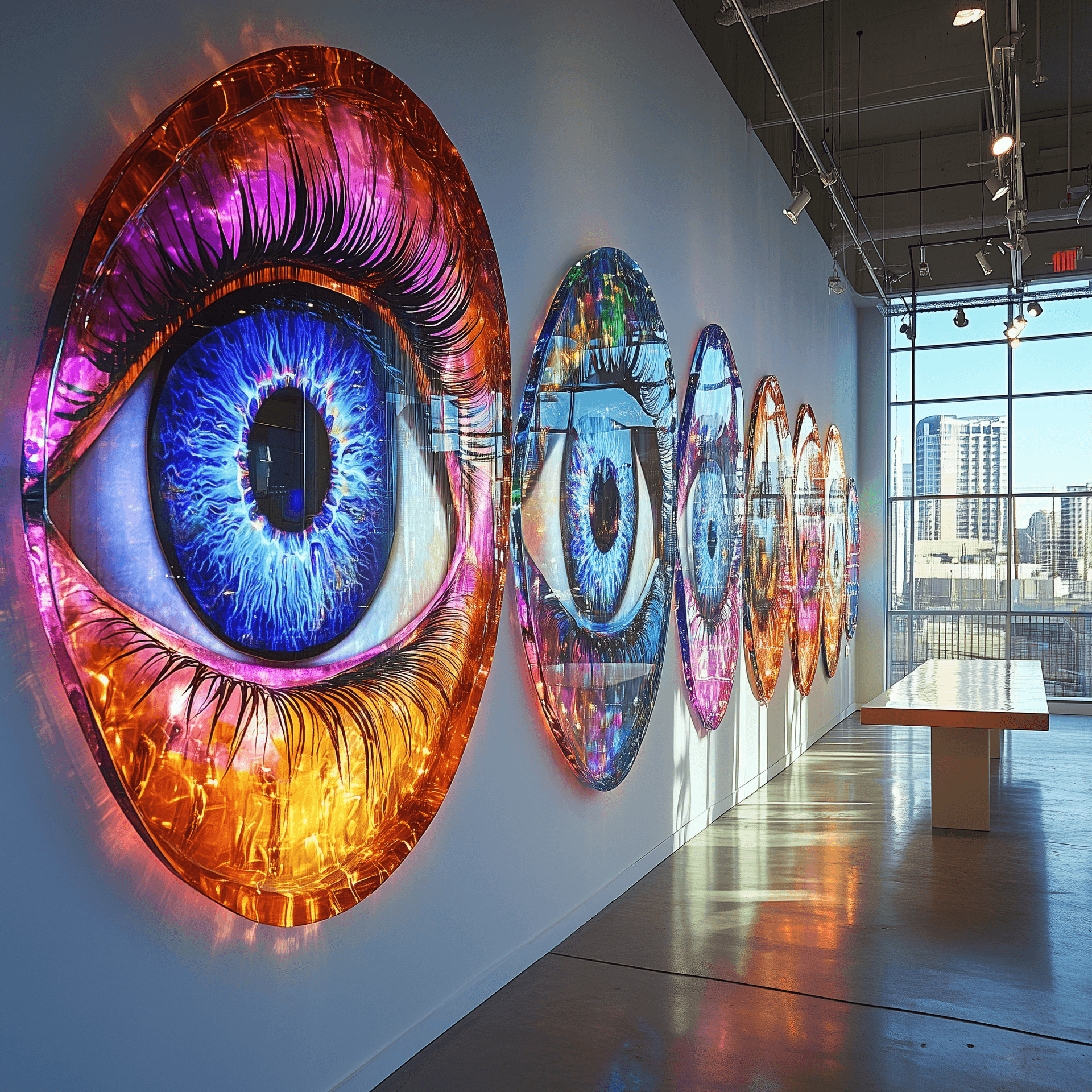 AI generated: A wall of diverse eyes, each with a unique color and style, in an art gallery setting. The wall is w...