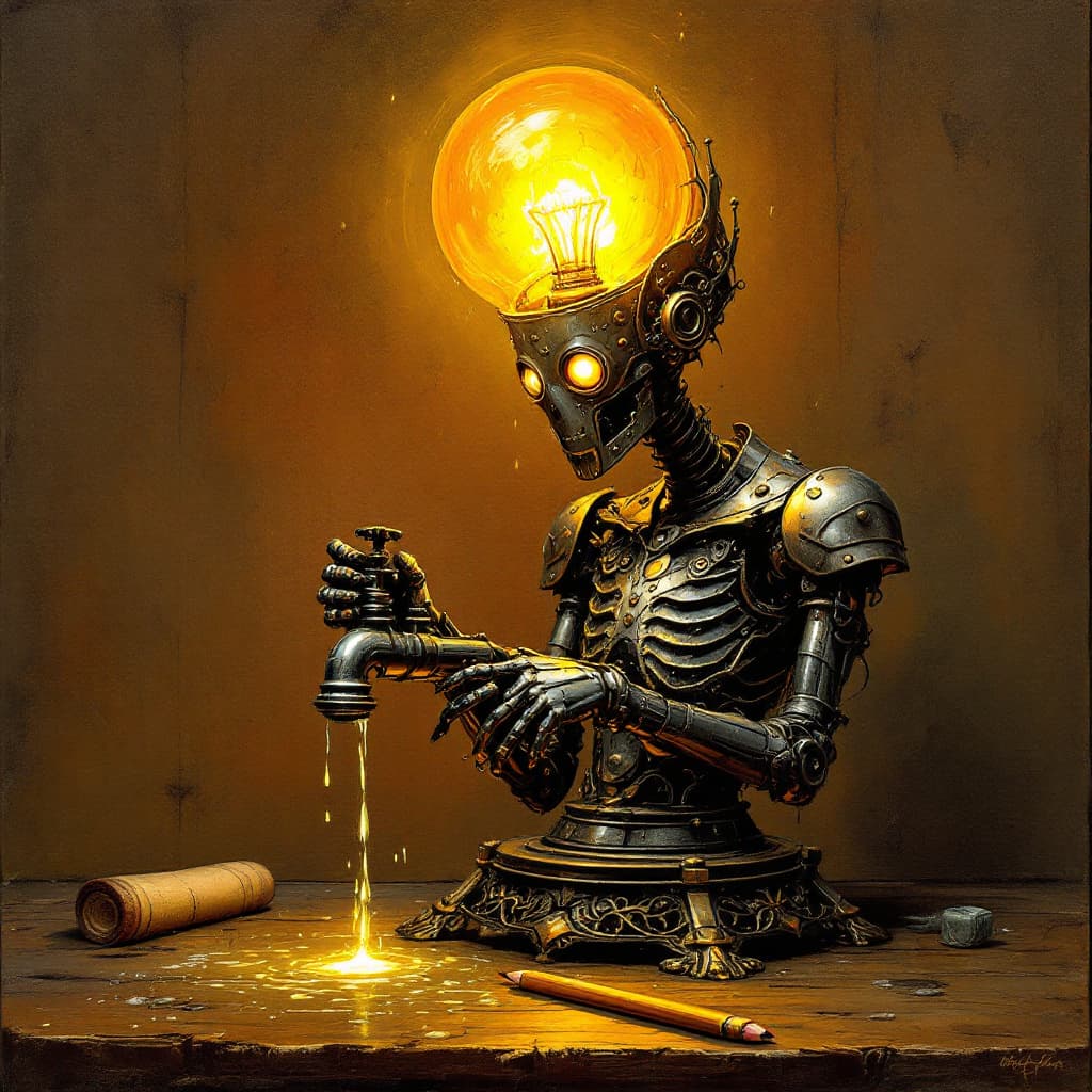 AI generated: A captivating dark fantasy illustration showcases an intricately designed metallic figure with a lig...