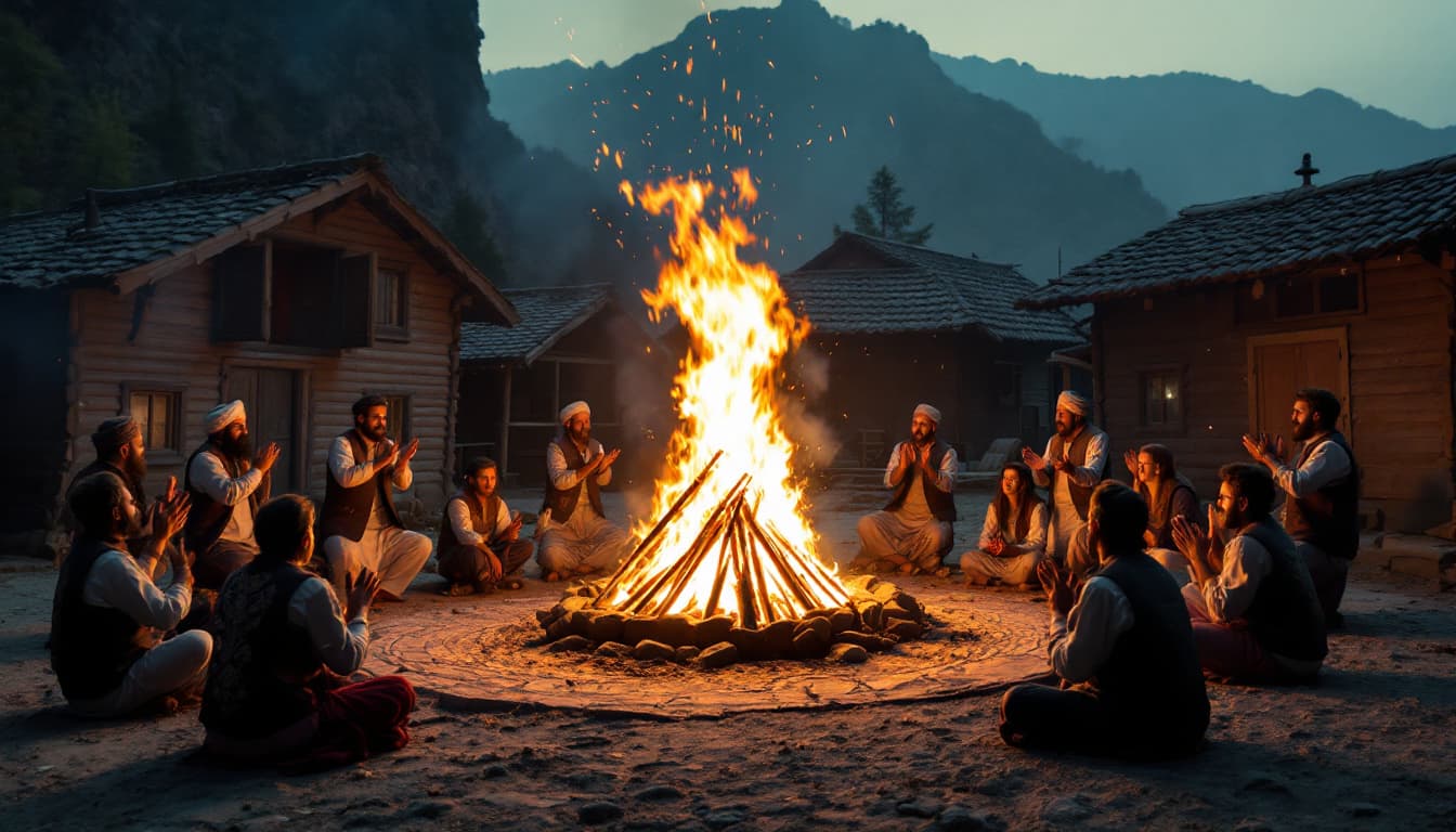 AI generated: Prompt: Wide shot of a bonfire roaring near Gilani wooden houses, villagers in lachak and embroidere...