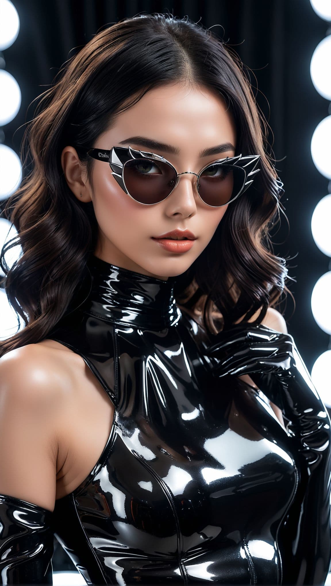 AI generated: An avant-garde fashion ensemble sculpted from liquid-effect black latex, meticulously molded into a ...