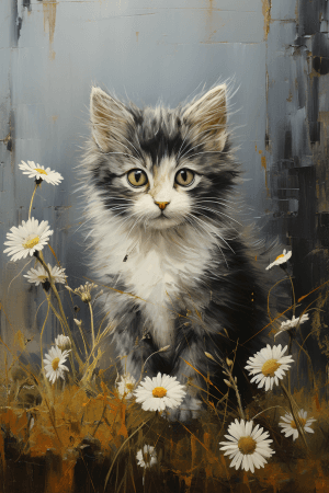 AI generated: A playful kitten with soft gray fur and shimmering silver pearl scales detailed with tiny daisies in...