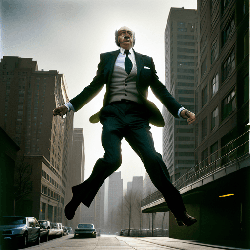AI generated: Realistic photo of a man making a jump, morning daylight, urban, modern. Yousuf Karsh, Annie Leibovi...