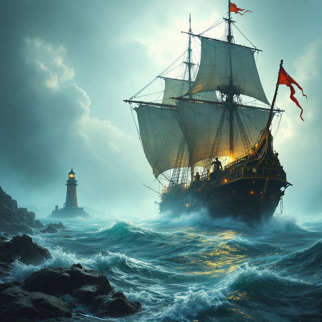 AI generated: Imagine a steampunk, rusty tall ship, ghostly as it sails through the mist in the style of the legen...