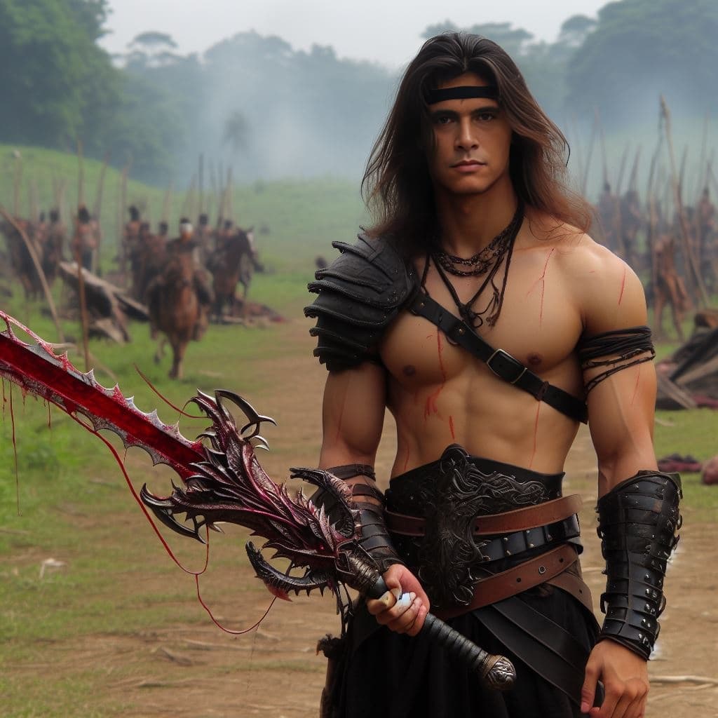 AI generated: realistic detail photography of an Indonesian handsome warior standing steadily in jungle, wearing d...