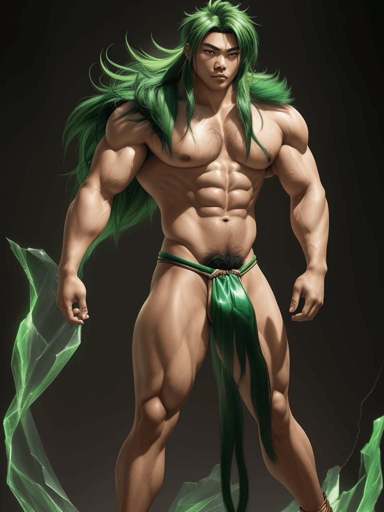 AI generated: Shun, asian complexion, big muscles and big thighs, green hair, in his twenties, He wears a tiny tra...